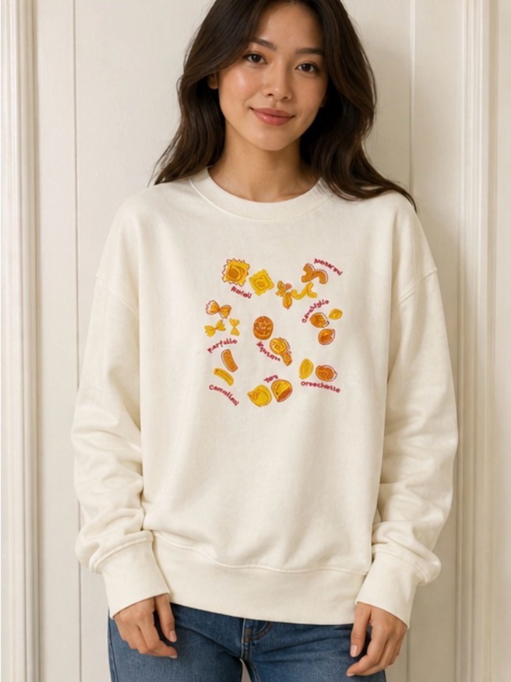 Jane + Delancey brand sweatshirt featuring embroidered pasta designs.